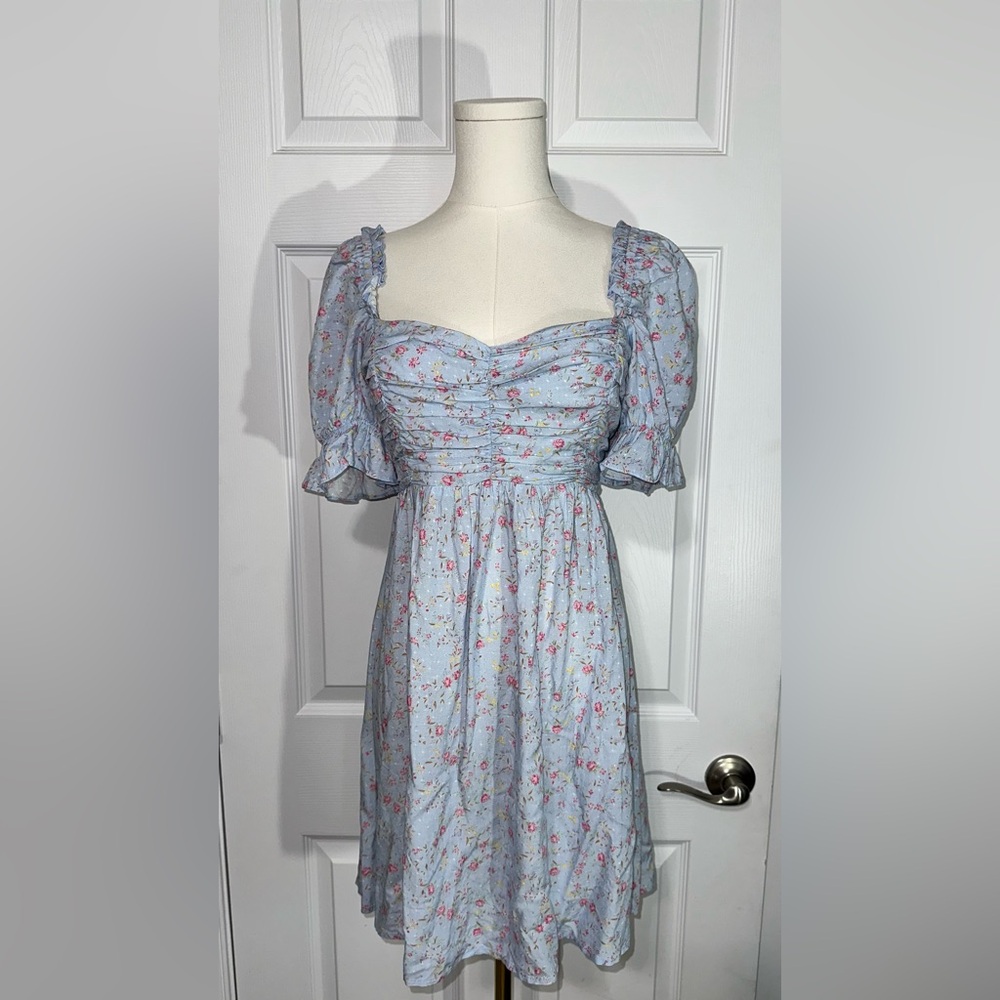 August The Label Blue Floral Puff Sleeve Dress size XS